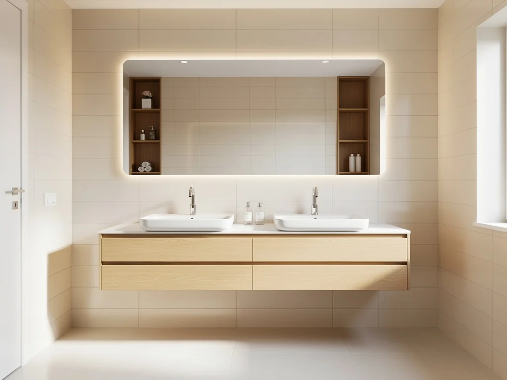 Meuble double vasque suspendu et grand miroir dans une salle de bain claire rénovée