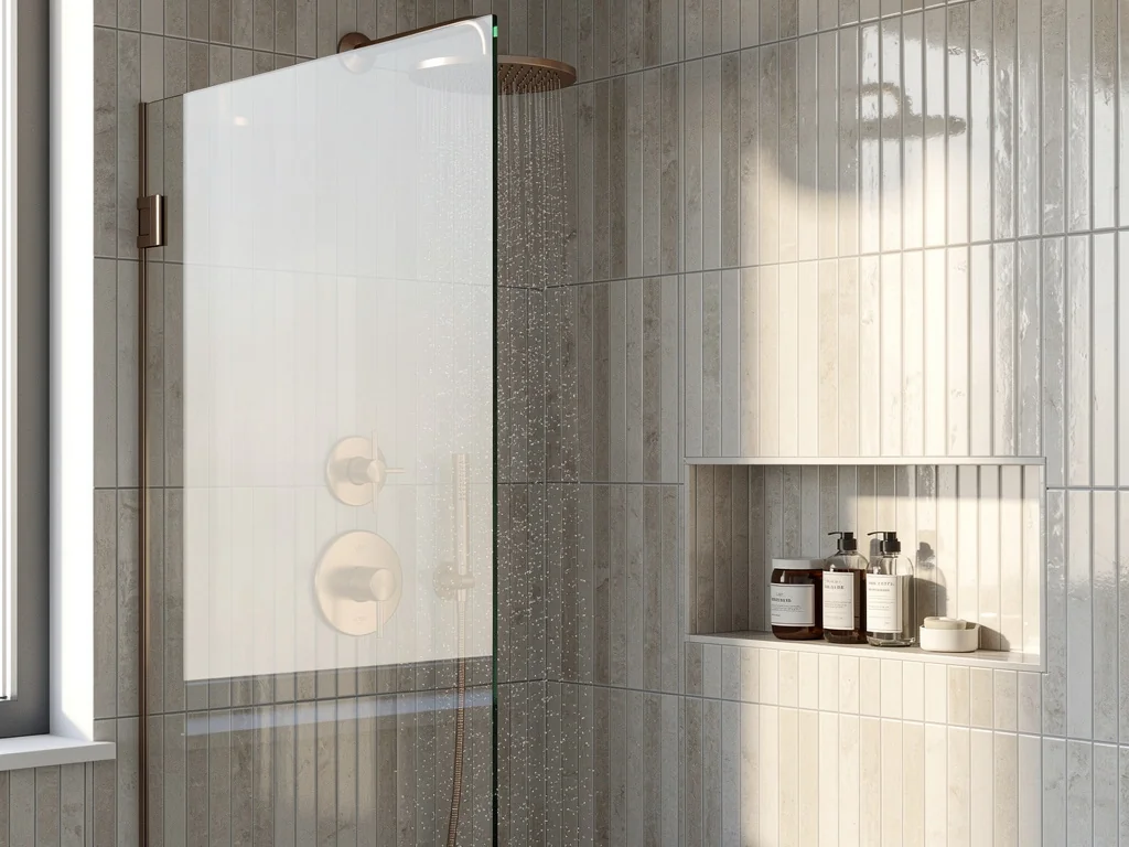 Paroi vitrée sans cadre et faïence verticale dans une douche rénovée
