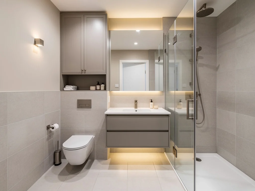 Petite salle de bain optimisée avec rangements sur mesure après travaux