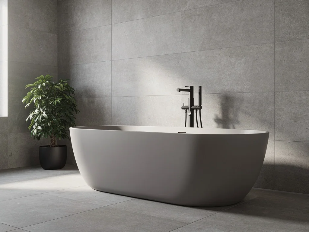 Baignoire îlot et robinetterie noire mate dans une salle de bain repensée