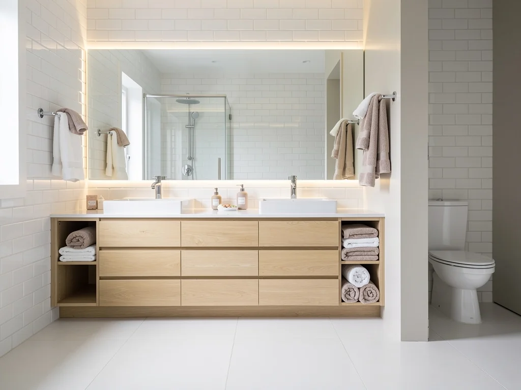Salle de bain familiale rénovée avec double vasque, WC séparé et éclairage LED